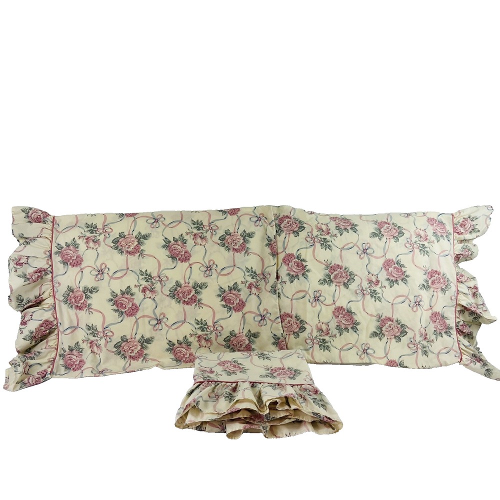 Vintage Stevens Full Flat Sheet Cases Pink Floral Roses Blue Ribbon Made in USA